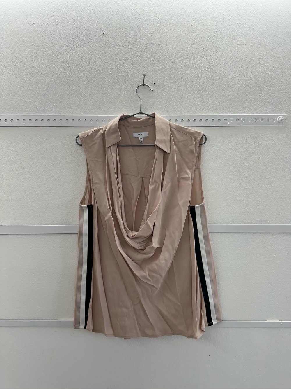 REISS Sleeveless Draped Neck Blouse in Blush with Contrast Stripes